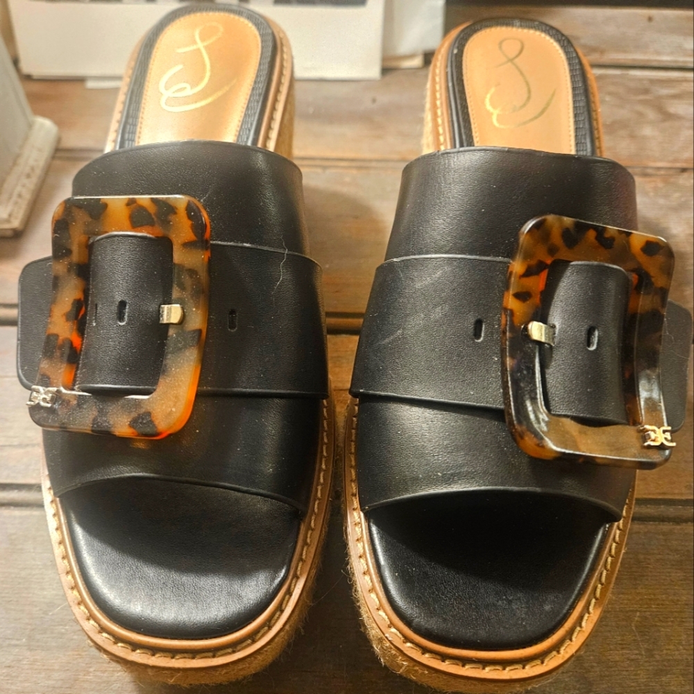 SAM EDELMAN LEATHER/ HEMP WEDGE SLIDES W/ BIG BUCKLE.EUC.LUG SOLES.SZ.10.FUNKY♡!